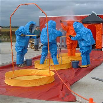 Spill Containment Pools may be set-up as multiply pools for separate decon stations